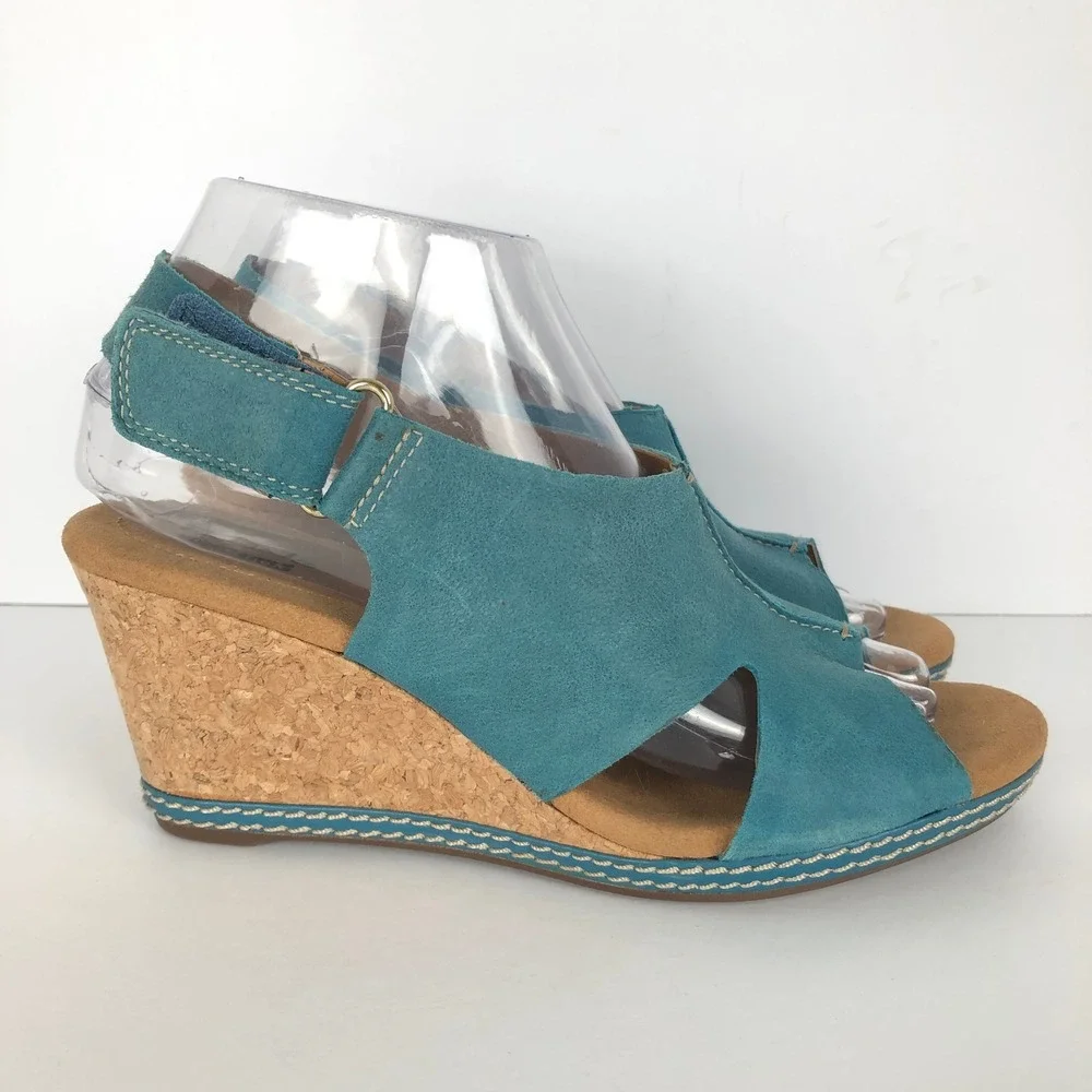 CLARKS COLLECTION Suede Cork Wedge Sandals Women's 7.5M 26108747